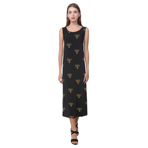 HOLIDAYS +: Golden Menorah on Black Phaedra Sleeveless Open Fork Long Dress (Model D08)