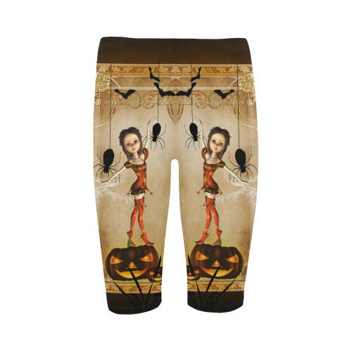Halloween, cute girl with spiders and pumpkin Hestia Cropped Leggings (Model L03)