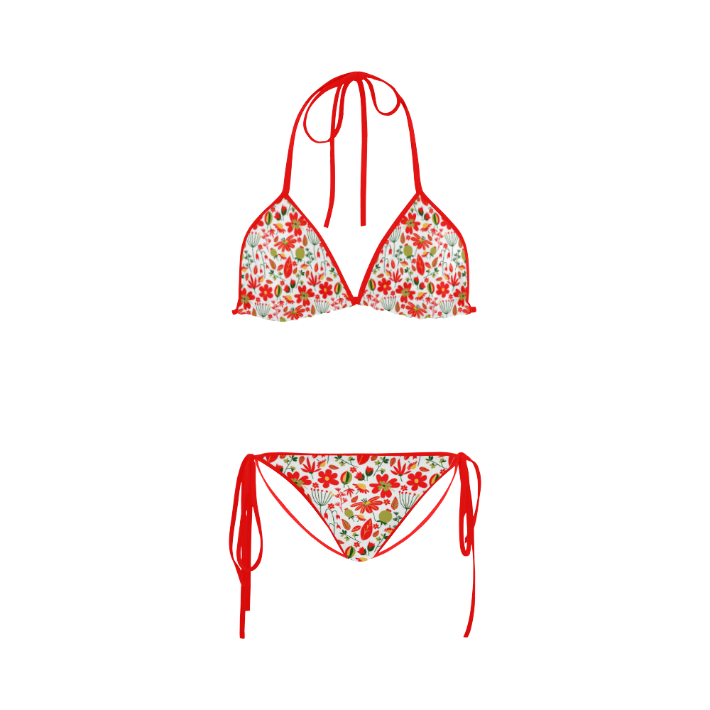 Cute Red Flowers Leaves Nature Custom Bikini Swimsuit ID D653842