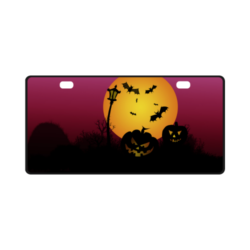 Spooky Halloween pumpkins and bats in pink License Plate