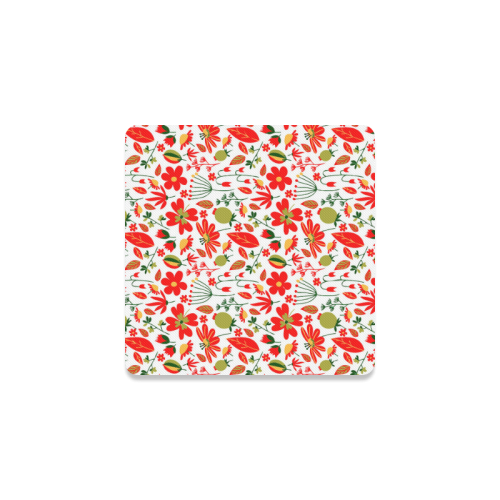 Cute Red Flowers Leaves Nature Square Coaster
