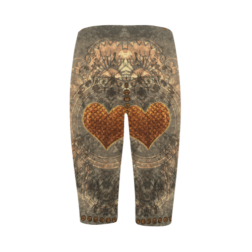 Steampuink, rusty heart with clocks and gears Hestia Cropped Leggings (Model L03)