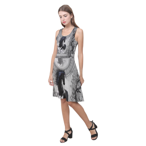 Awesome horse in black and white with flowers Atalanta Casual Sundress(Model D04)