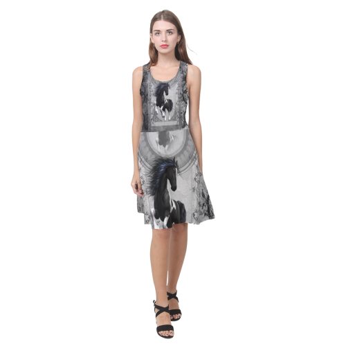 Awesome horse in black and white with flowers Atalanta Casual Sundress(Model D04)