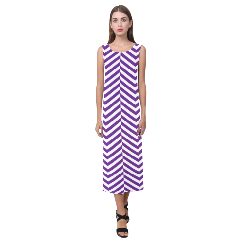 royal purple and white classic chevron pattern Phaedra Sleeveless Open Fork Long Dress (Model D08)