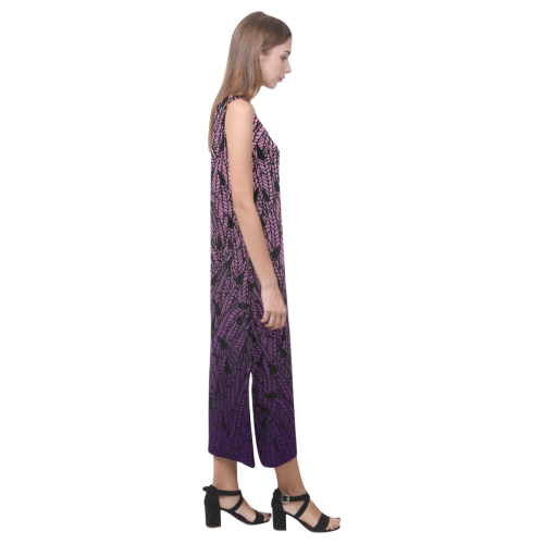 pink purple ombre feather pattern black Phaedra Sleeveless Open Fork Long Dress (Model D08)