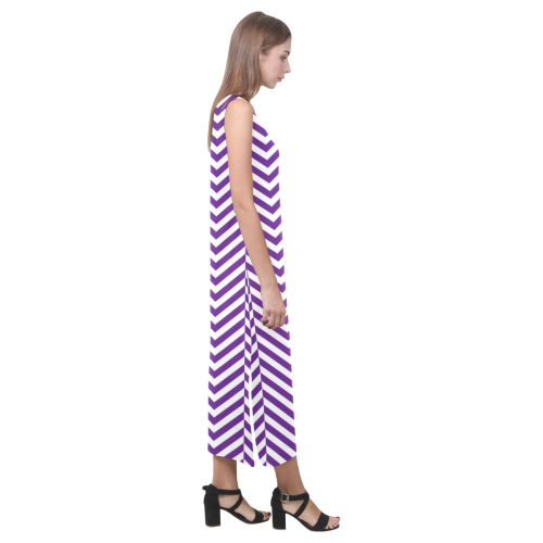 royal purple and white classic chevron pattern Phaedra Sleeveless Open Fork Long Dress (Model D08)