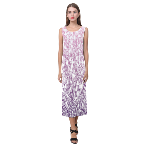 pink purple ombre feather pattern white Phaedra Sleeveless Open Fork Long Dress (Model D08)