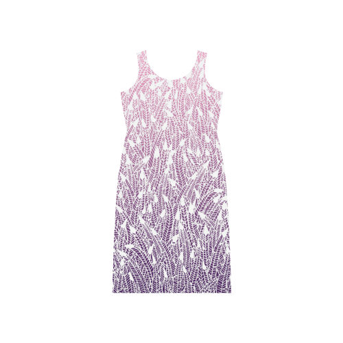 pink purple ombre feather pattern white Phaedra Sleeveless Open Fork Long Dress (Model D08)