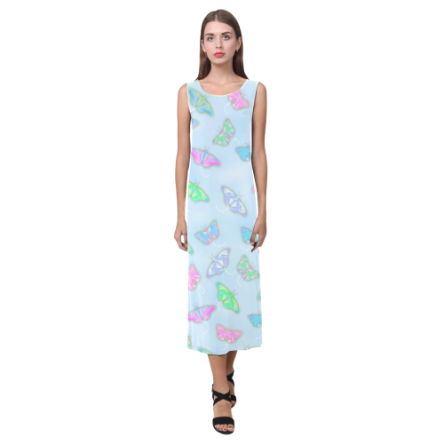 Pastel Color Butterfly Pattern by ArtformDesigns Phaedra Sleeveless Open Fork Long Dress (Model D08)