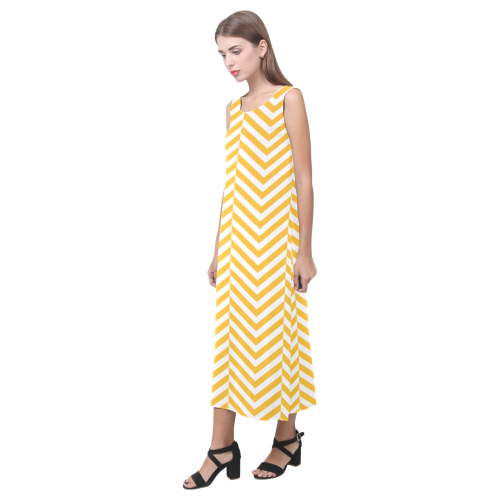 sunny yellow and white classic chevron pattern Phaedra Sleeveless Open Fork Long Dress (Model D08)