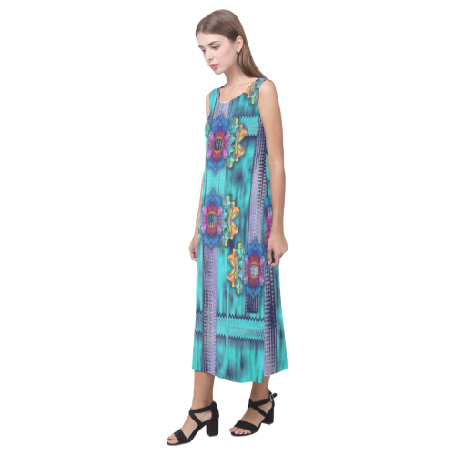 Lace and fantasy rainbow florals landscape Phaedra Sleeveless Open Fork Long Dress (Model D08)