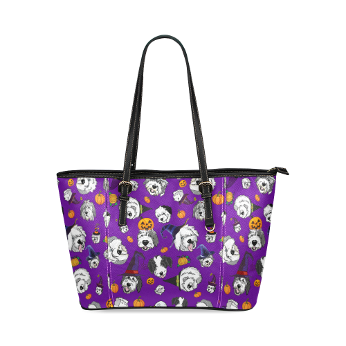 Halloween Dogs Purple Leather Tote Bag/Large (Model 1640)