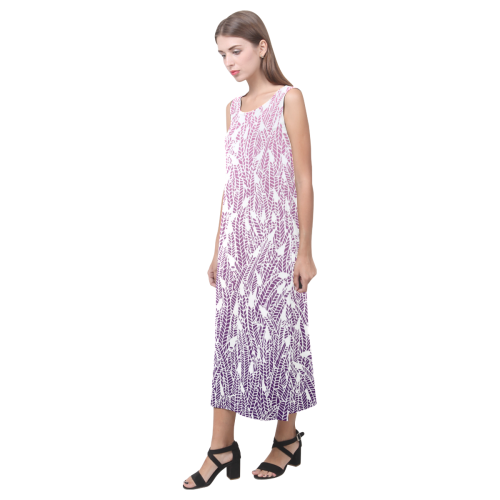 pink purple ombre feather pattern white Phaedra Sleeveless Open Fork Long Dress (Model D08)