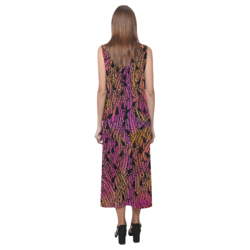 pink yellow black feather pattern Phaedra Sleeveless Open Fork Long Dress (Model D08)
