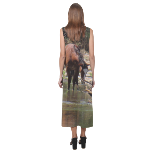 Wild Horses Along River by Martina Webster Phaedra Sleeveless Open Fork Long Dress (Model D08)