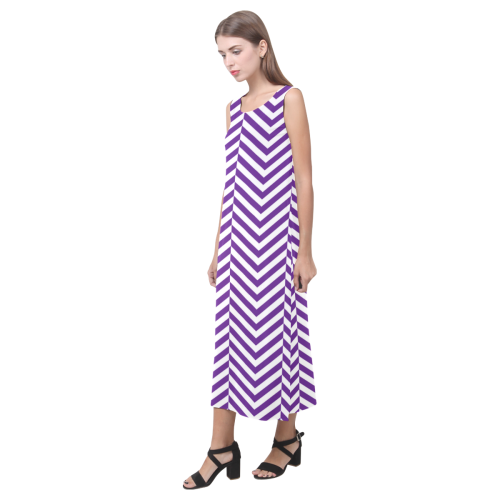 royal purple and white classic chevron pattern Phaedra Sleeveless Open Fork Long Dress (Model D08)