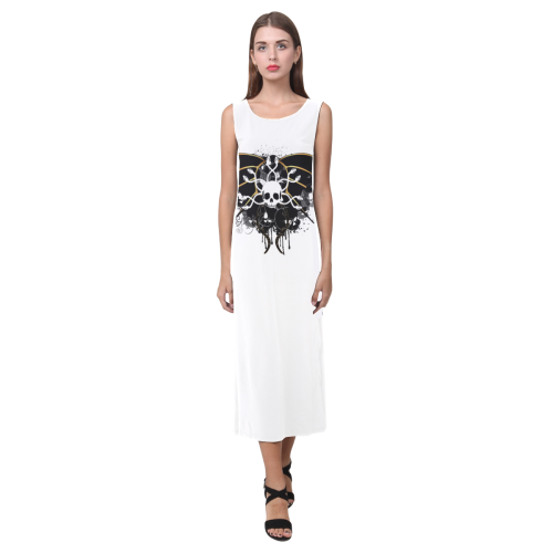 White skull with snakes and wings Phaedra Sleeveless Open Fork Long Dress (Model D08)