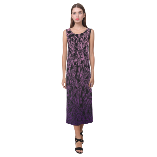 pink purple ombre feather pattern black Phaedra Sleeveless Open Fork Long Dress (Model D08)