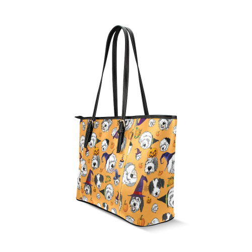 Halloween Dogs Orange Leather Tote Bag/Large (Model 1640)