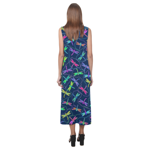 Psychedelic Dragonfly Pattern by ArtformDesigns Phaedra Sleeveless Open Fork Long Dress (Model D08)
