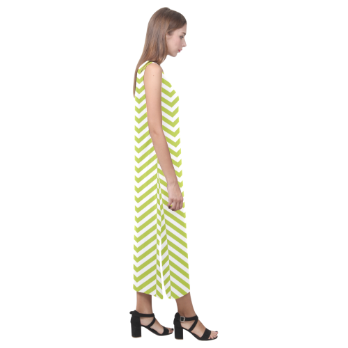 spring green and white classic chevron pattern Phaedra Sleeveless Open Fork Long Dress (Model D08)