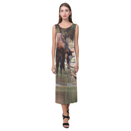 Wild Horses Along River by Martina Webster Phaedra Sleeveless Open Fork Long Dress (Model D08)