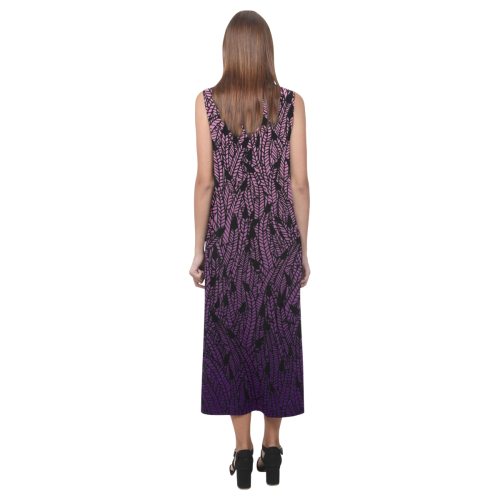 pink purple ombre feather pattern black Phaedra Sleeveless Open Fork Long Dress (Model D08)