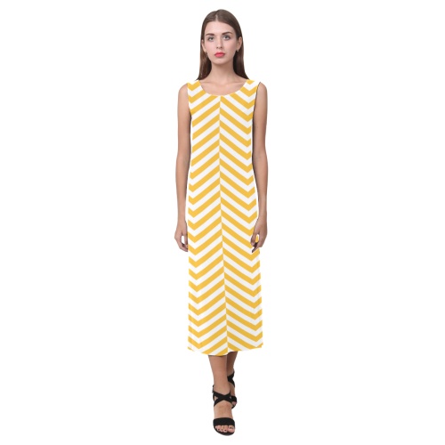 sunny yellow and white classic chevron pattern Phaedra Sleeveless Open Fork Long Dress (Model D08)