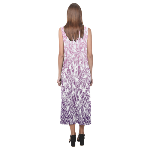 pink purple ombre feather pattern white Phaedra Sleeveless Open Fork Long Dress (Model D08)