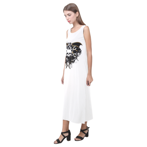 White skull with snakes and wings Phaedra Sleeveless Open Fork Long Dress (Model D08)