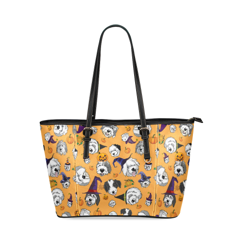 Halloween Dogs Orange Leather Tote Bag/Large (Model 1640)