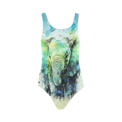 watercolor elephant Vest One Piece Swimsuit (Model S04)