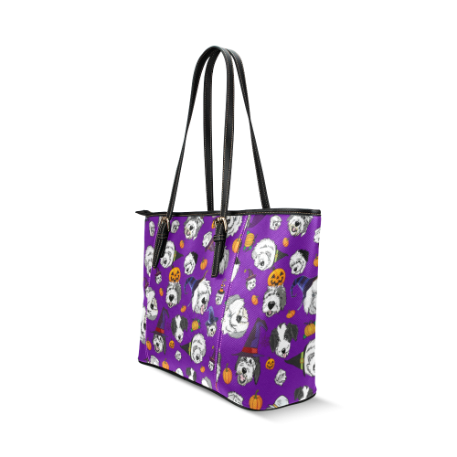 Halloween Dogs Purple Leather Tote Bag/Large (Model 1640)