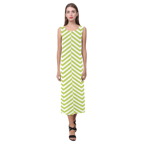 spring green and white classic chevron pattern Phaedra Sleeveless Open Fork Long Dress (Model D08)