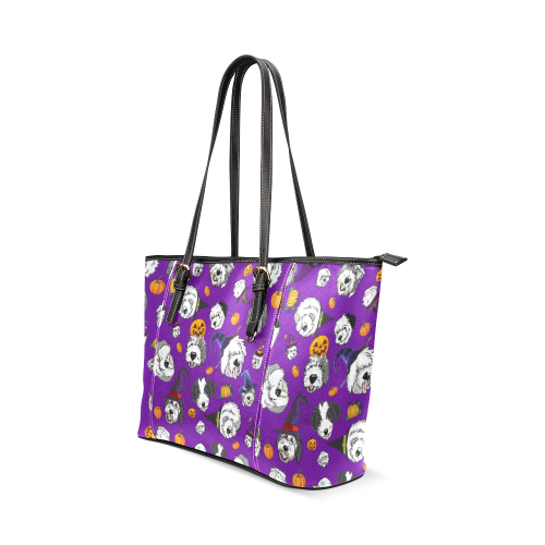 Halloween Dogs Purple Leather Tote Bag/Large (Model 1640)