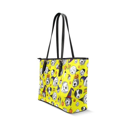 Halloween Dogs yellow Leather Tote Bag/Large (Model 1640)
