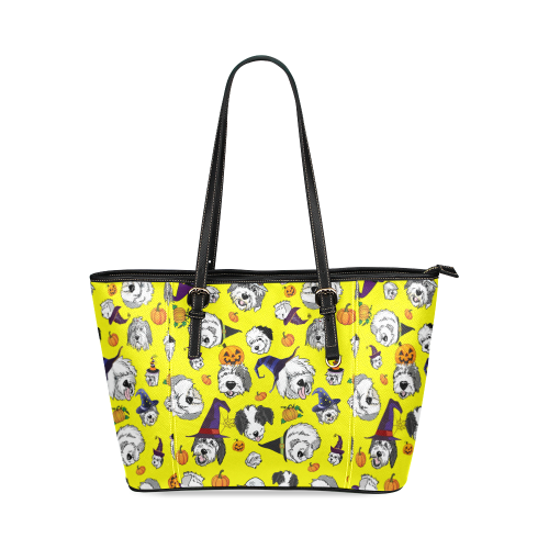 Halloween Dogs yellow Leather Tote Bag/Large (Model 1640)