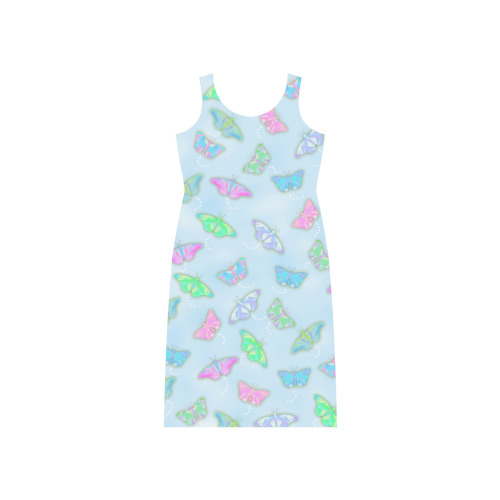 Pastel Color Butterfly Pattern by ArtformDesigns Phaedra Sleeveless Open Fork Long Dress (Model D08)