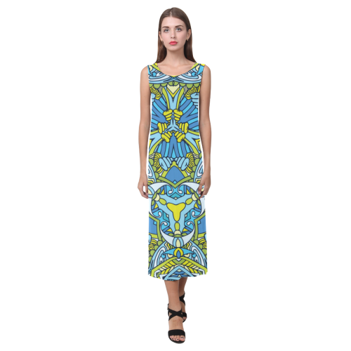 Zandine 0306 blue green fun bold pattern Phaedra Sleeveless Open Fork Long Dress (Model D08)