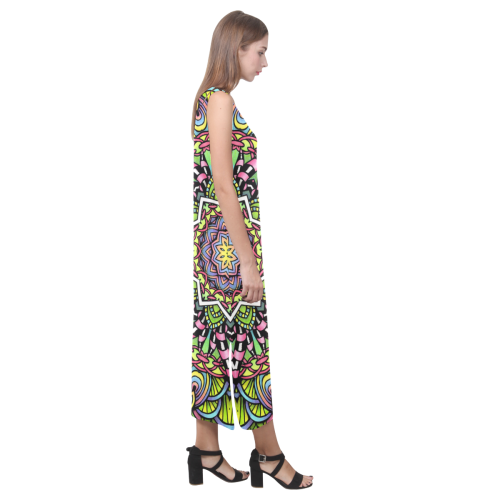 Psychedelic leaves bright colorful mandala Phaedra Sleeveless Open Fork Long Dress (Model D08)