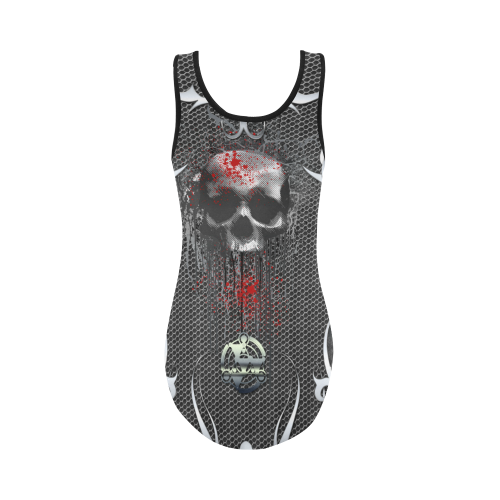 Awesome skull on metal design Vest One Piece Swimsuit (Model S04)