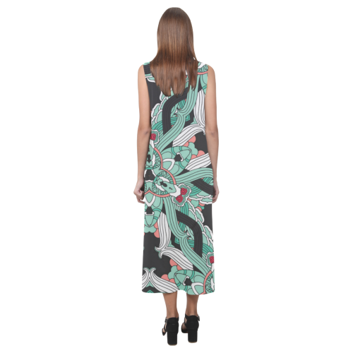 Zandine 0207 vintage green floral pattern Phaedra Sleeveless Open Fork Long Dress (Model D08)