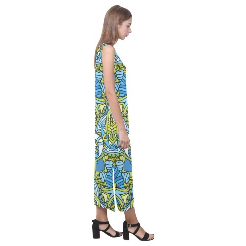 Zandine 0306 blue green fun bold pattern Phaedra Sleeveless Open Fork Long Dress (Model D08)