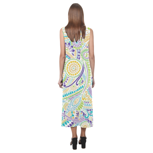 zz0104 purple green hippie flower pattern Phaedra Sleeveless Open Fork Long Dress (Model D08)
