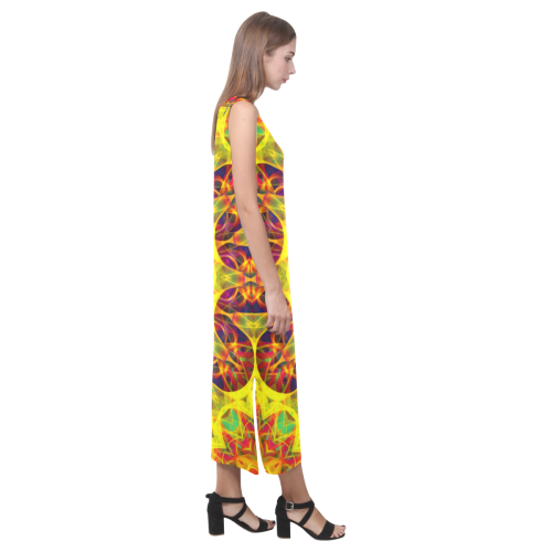 Bright yellow, pink, orange green hippie mandala Phaedra Sleeveless Open Fork Long Dress (Model D08)