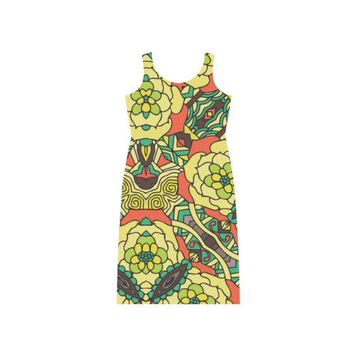 Mariger, Retro Yellow orange and green rose Phaedra Sleeveless Open Fork Long Dress (Model D08)