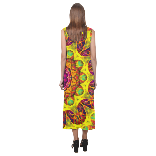 Bright yellow, pink, orange green hippie mandala Phaedra Sleeveless Open Fork Long Dress (Model D08)