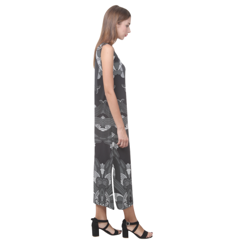 Zandine 0206 dark vintage floral pattern Phaedra Sleeveless Open Fork Long Dress (Model D08)