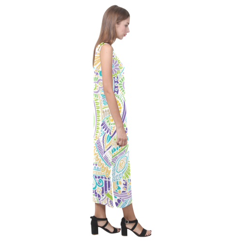 zz0104 purple green hippie flower pattern Phaedra Sleeveless Open Fork Long Dress (Model D08)